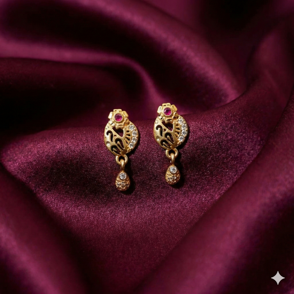 Peacock Filigree Earrings – Gold-Plated Ruby & Crystal Dangle