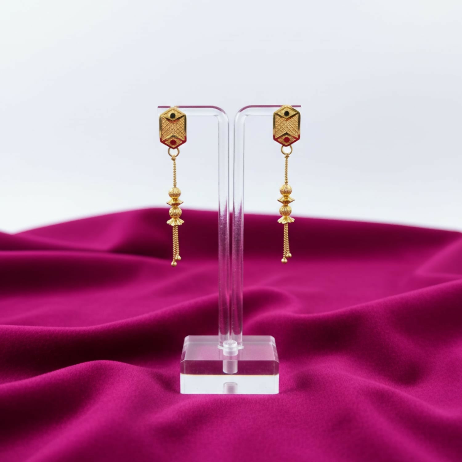 Gold-Plated Jhumka Earrings – Traditional Long Chain Beads Jewelry for Women