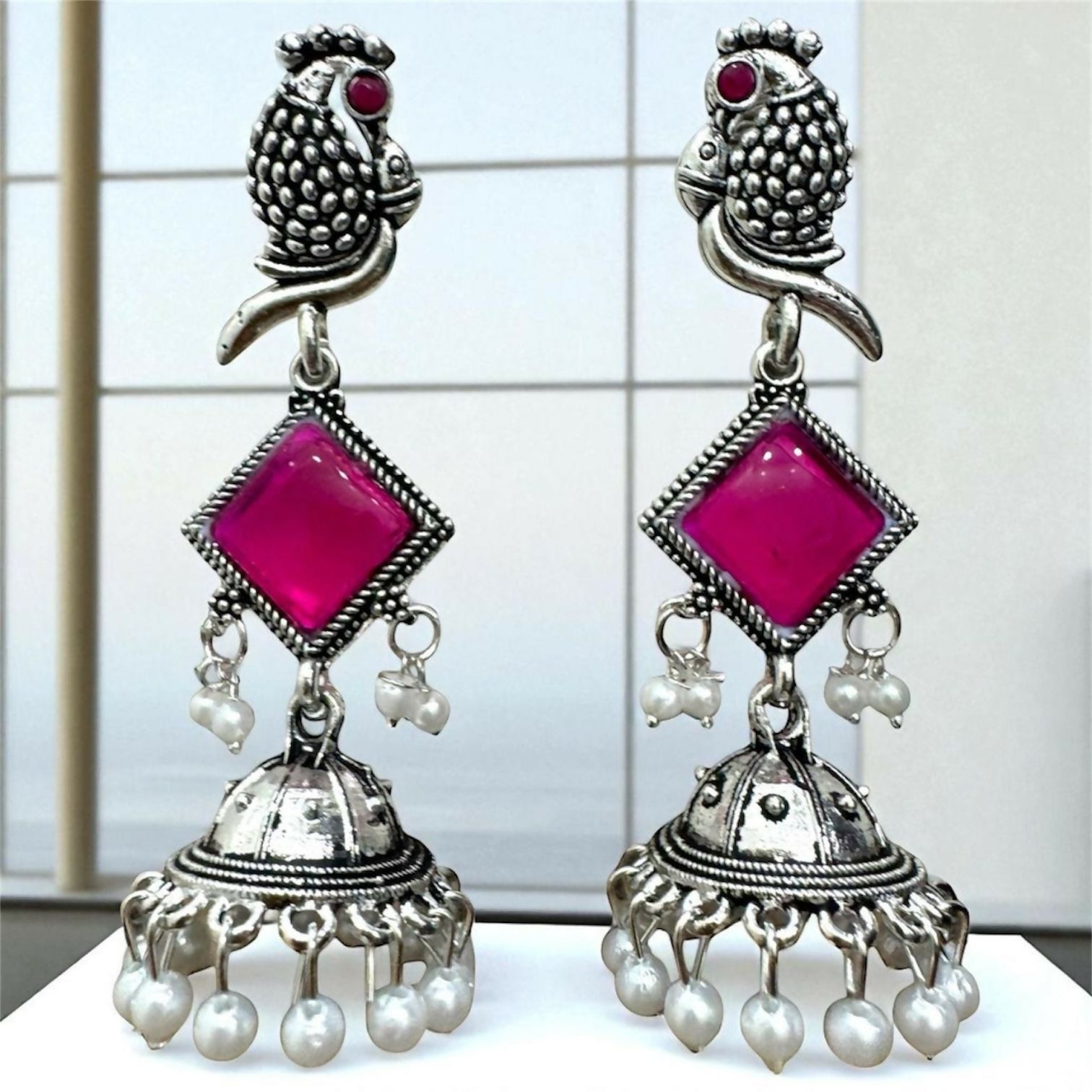 Oxidised Silver Pink Stone Jhumka Earrings – Parrot Design with Pearls