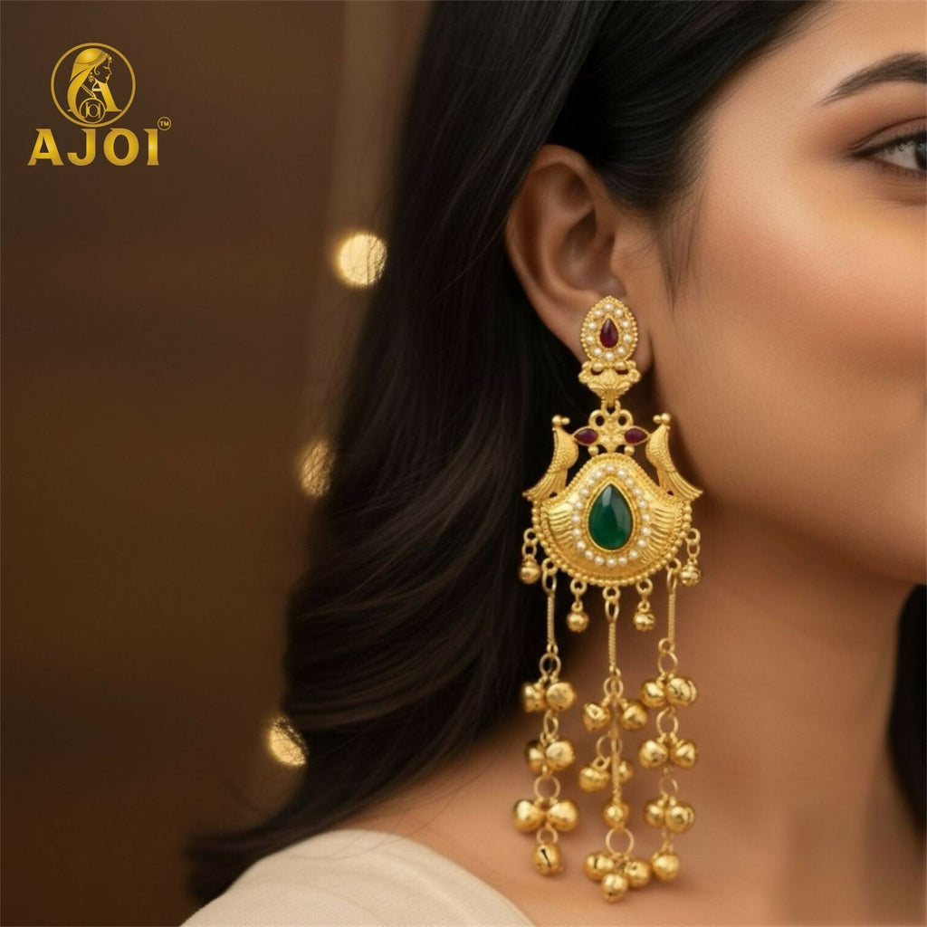 Kashmiri Gold-Plated Jhumka Earrings – Elegant Green Stone & Ghungroo