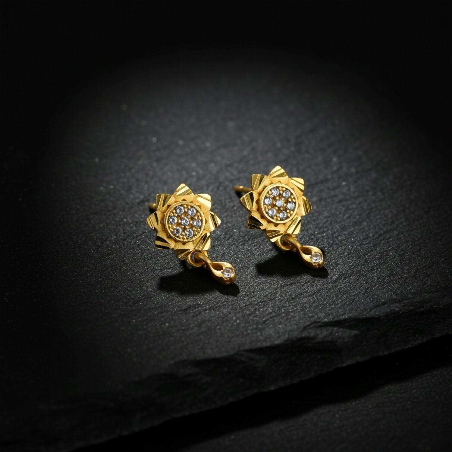 Gold Finish Drop Earrings – Floral Design with Sparkling Stones