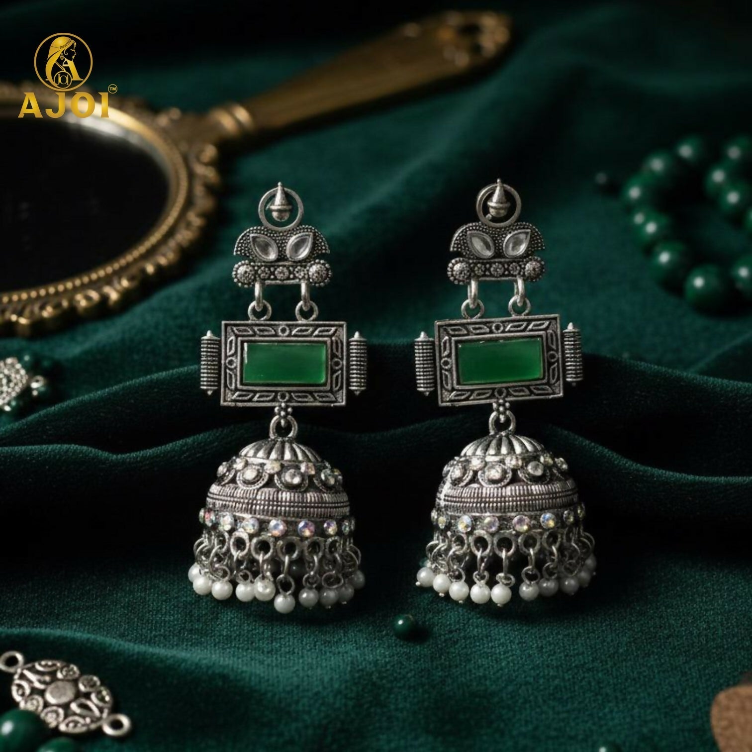 Oxidized Silver Jhumka Earrings – Deep Green Stone & Pearl Drops