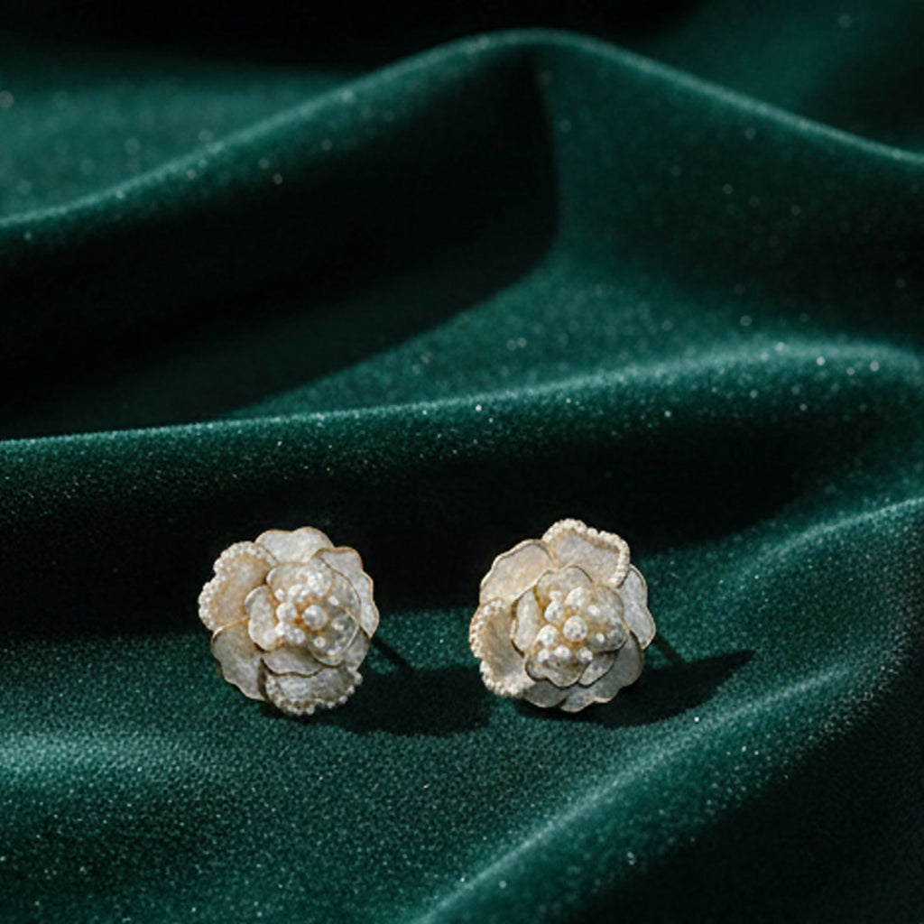 White Camellia Flower Stud Earrings – Elegant Micro-Pearl Accents