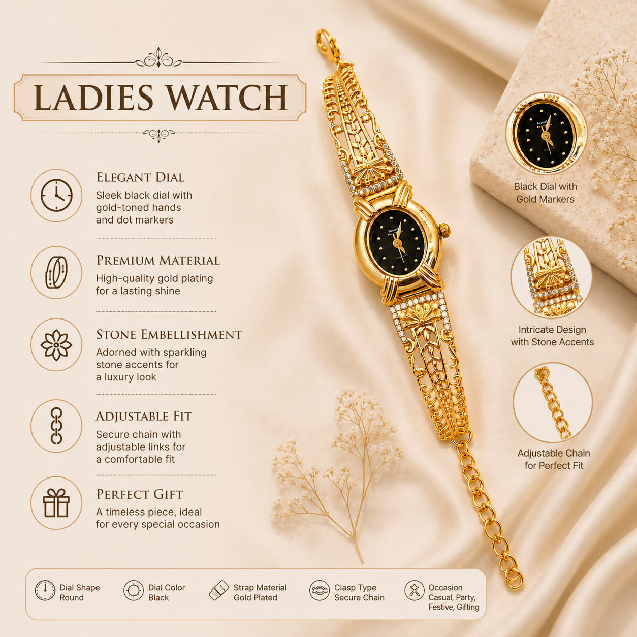 Luxury Gold Tone Floral Crystal Bracelet Watch for Women Black Dial Designer Wrist Watch