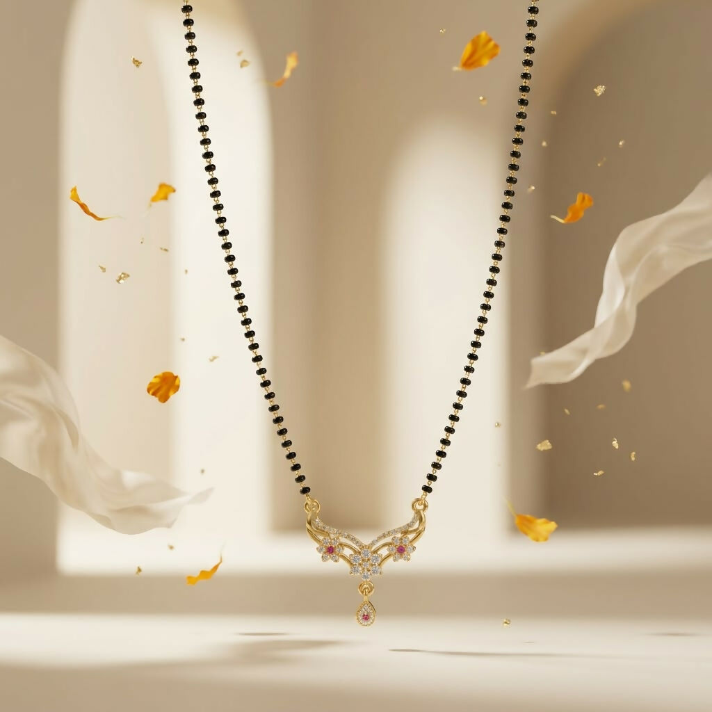Gold-Tone Floral Pendant Mangalsutra Necklace for Women with Black Bead Chain