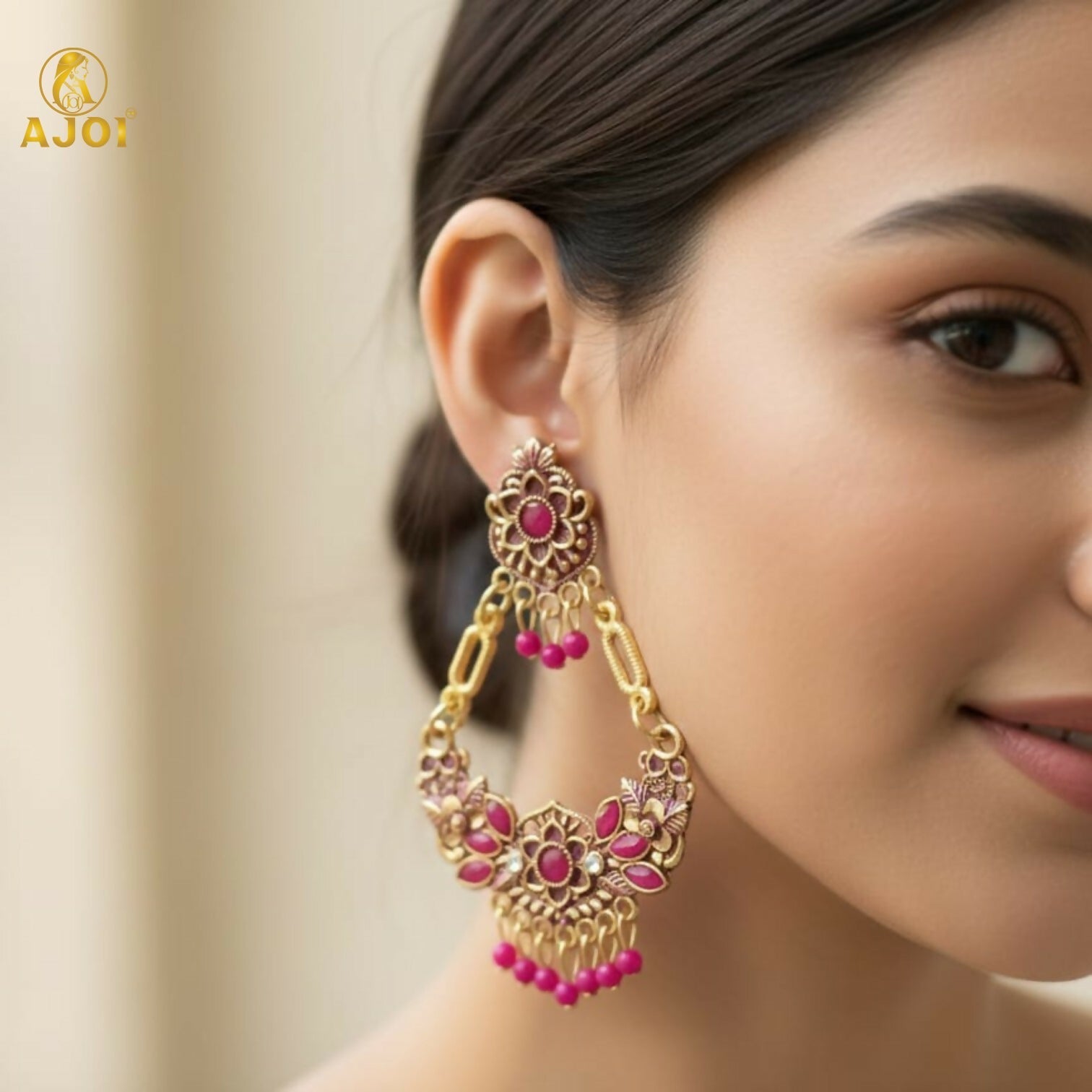 Gold-Plated Floral Chandbali Earrings with Pink Stones – Elegant Ethnic Jewelry
