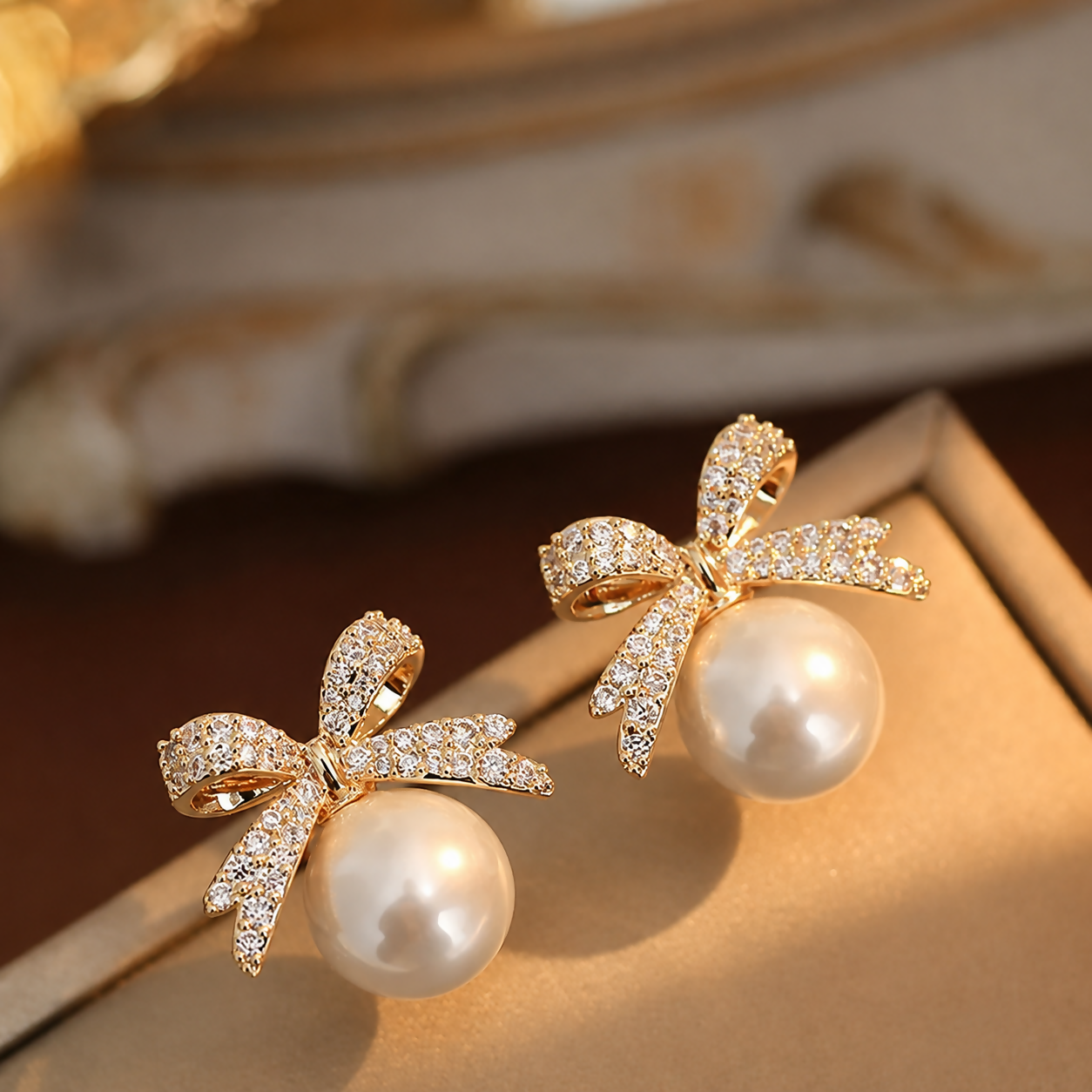 Pearl Bow Stud Earrings – Gold Plated & Elegant for Women