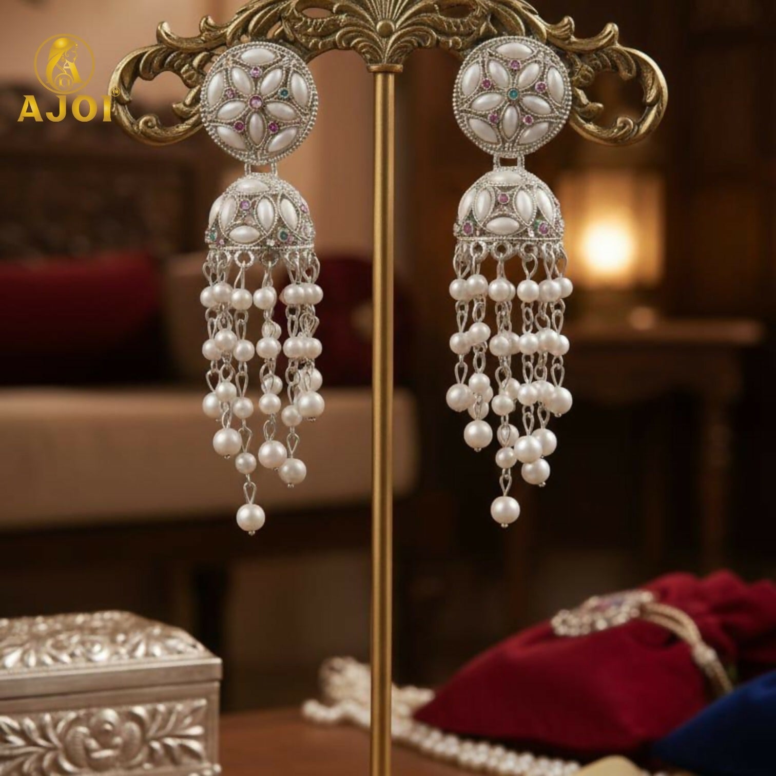 Pearl Chandelier Jhumka Earrings – Luxury Floral Cascade Design