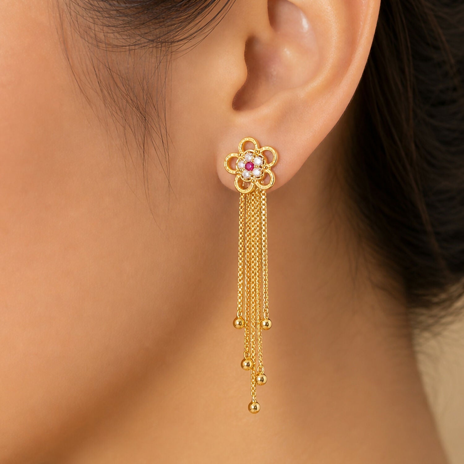 Gold Flower Dangle Earrings – Ruby Gemstone Tassel Design for Women
