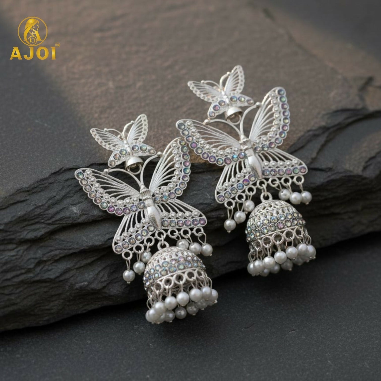 Butterfly Designer Jhumka Earrings – Silver Plated with Pearl Drops