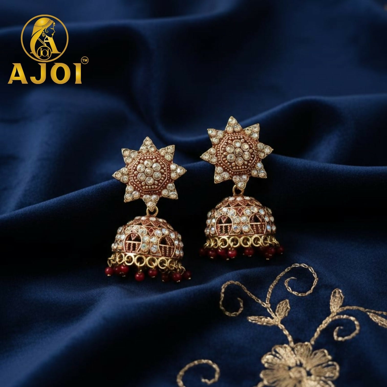 Kundan Jhumka Earrings – Traditional Gold Plated with Red Bead Drops