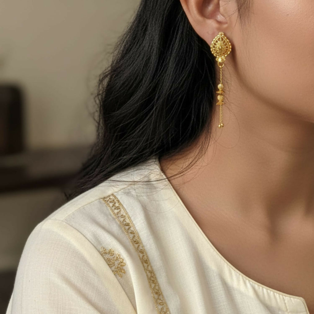Golden Jhumka Earrings with Beads – Lightweight Traditional Jewellery