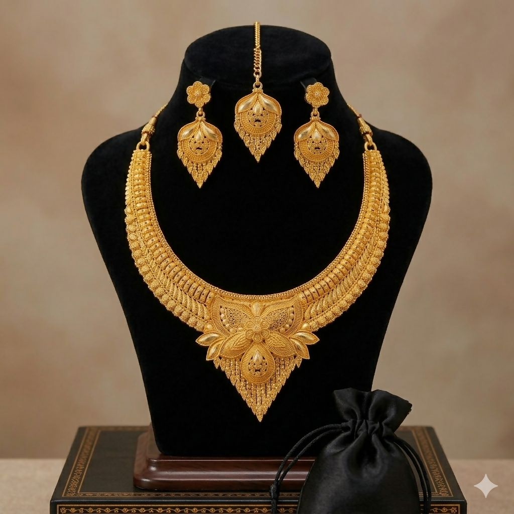 Royal Gold-Tone Statement Necklace Set with Drop Earrings and Maang Tikka for Women