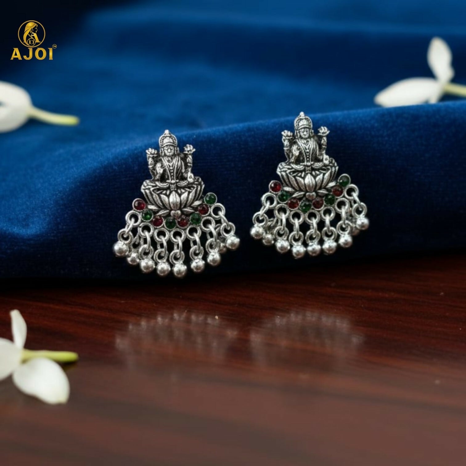 Lakshmi Idol Stud Earrings in Oxidized Silver with Multicolor Stones