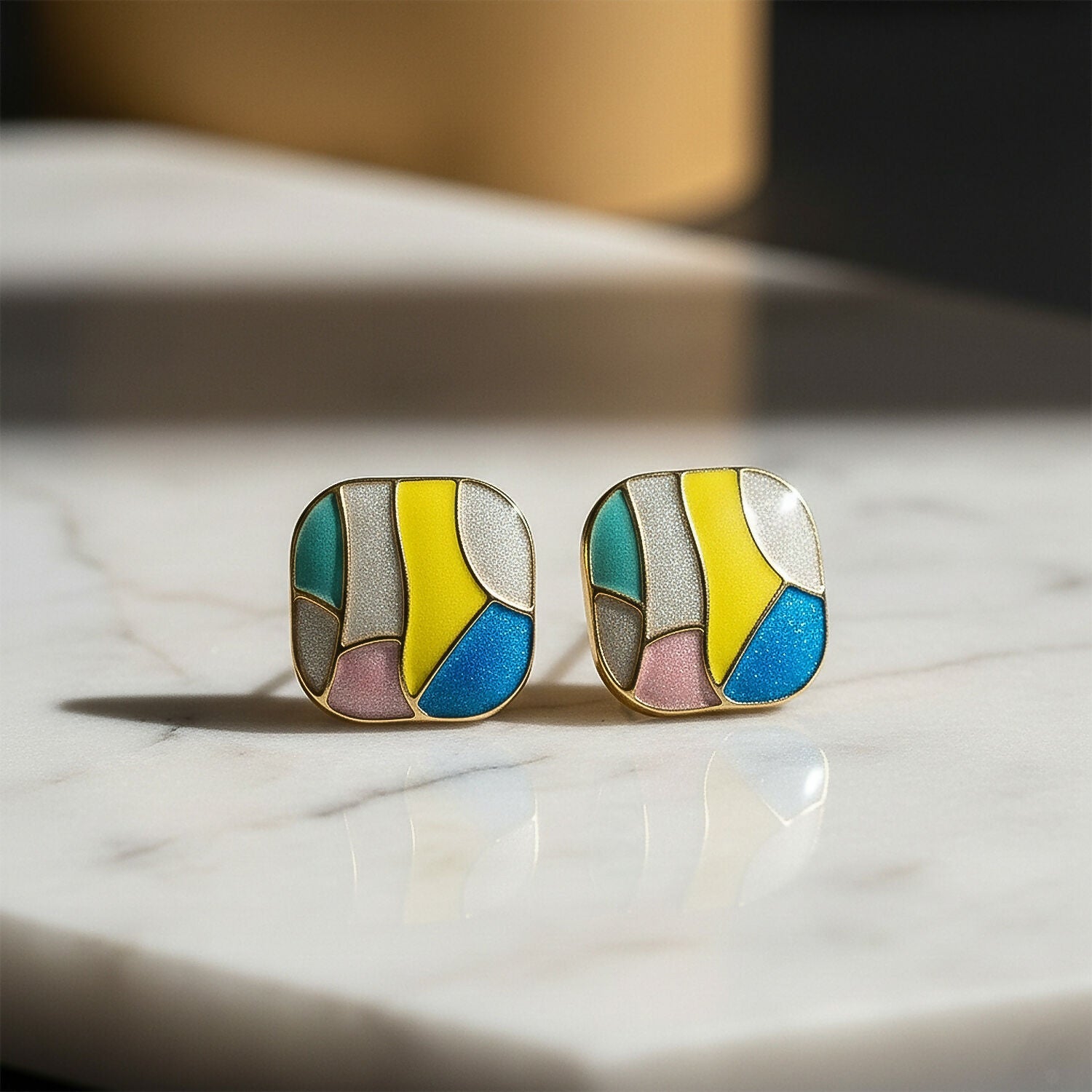 Multicolor Enamel Stud Earrings – Korean Style Geometric Design