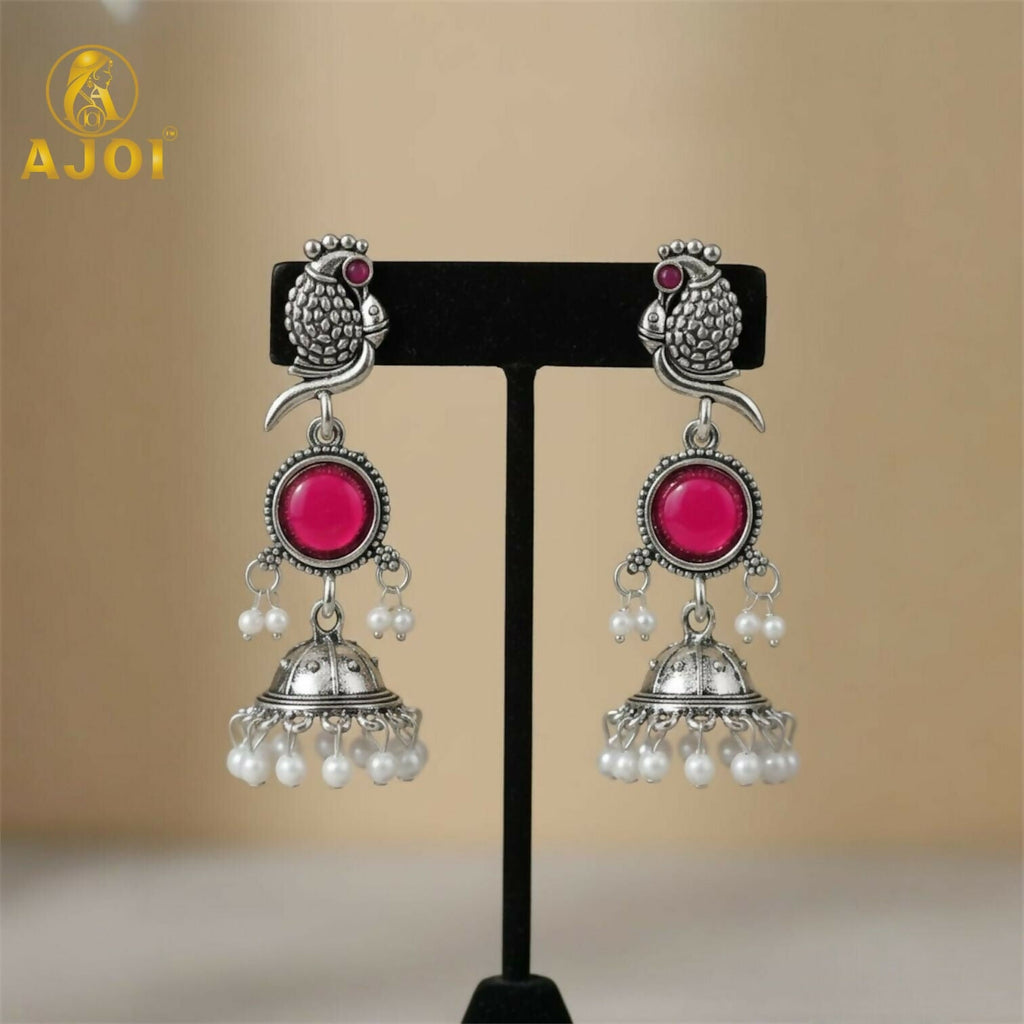 Peacock Jhumka Earrings – Antique Silver with Pink Stone & Pearl Drops