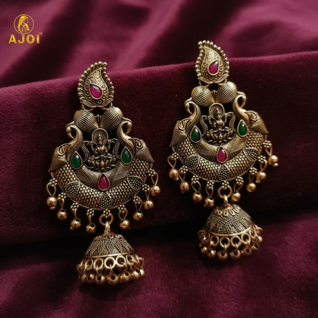 Temple Jhumka Earrings – Antique Gold Plated with Lakshmi Motif