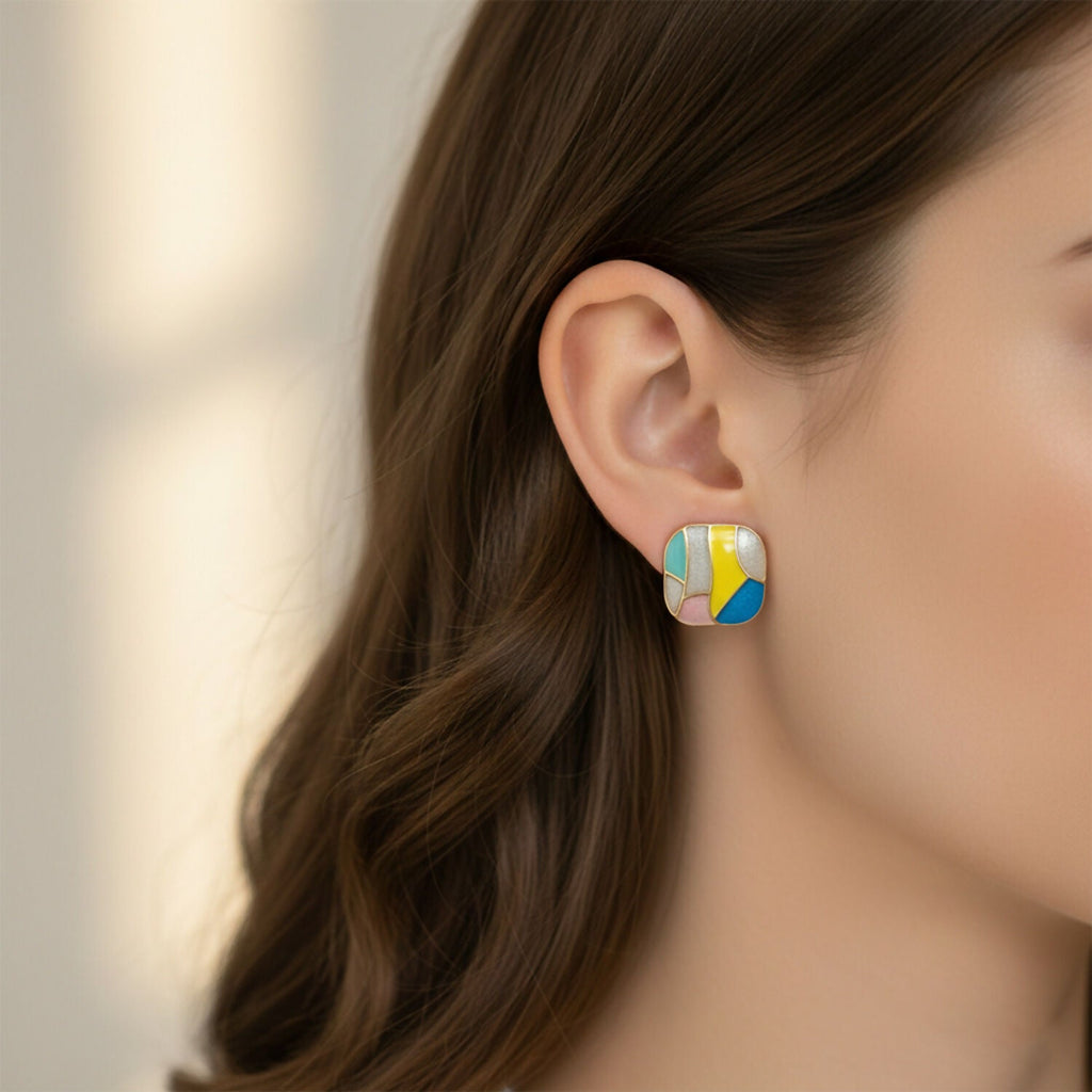 Multicolor Enamel Stud Earrings – Korean Style Geometric Design