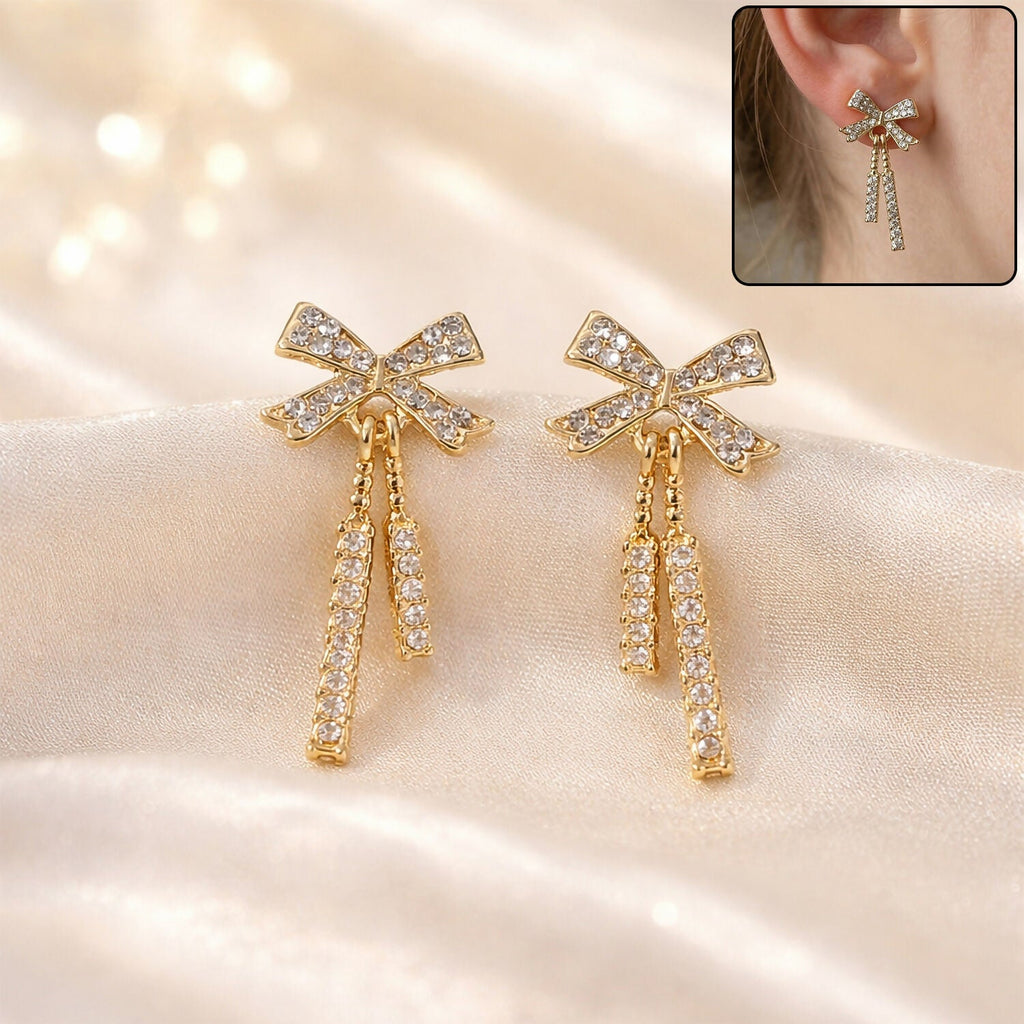 Golden Tassel Earrings – Elegant Bow-Knot Diamond Design