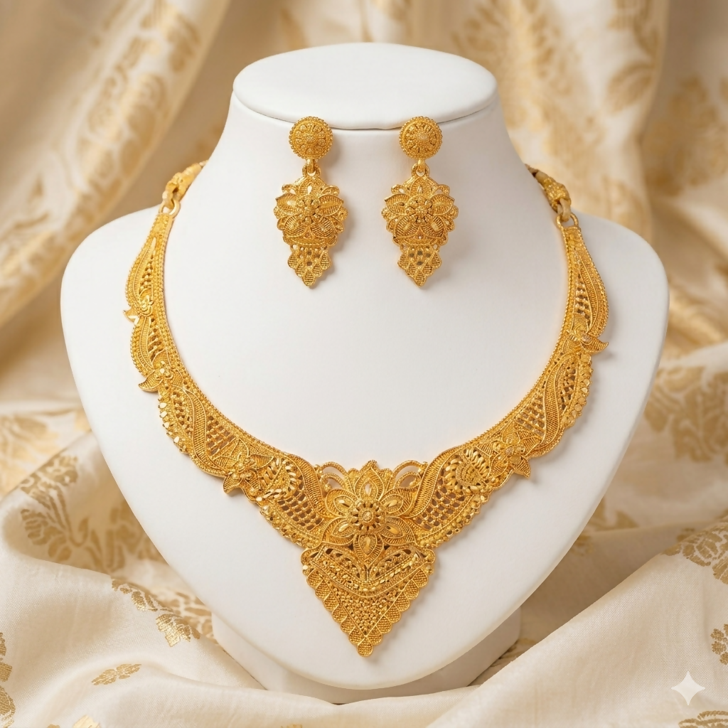 Gold-Tone Floral Necklace with Matching Earrings for Wedding & Festive Wear