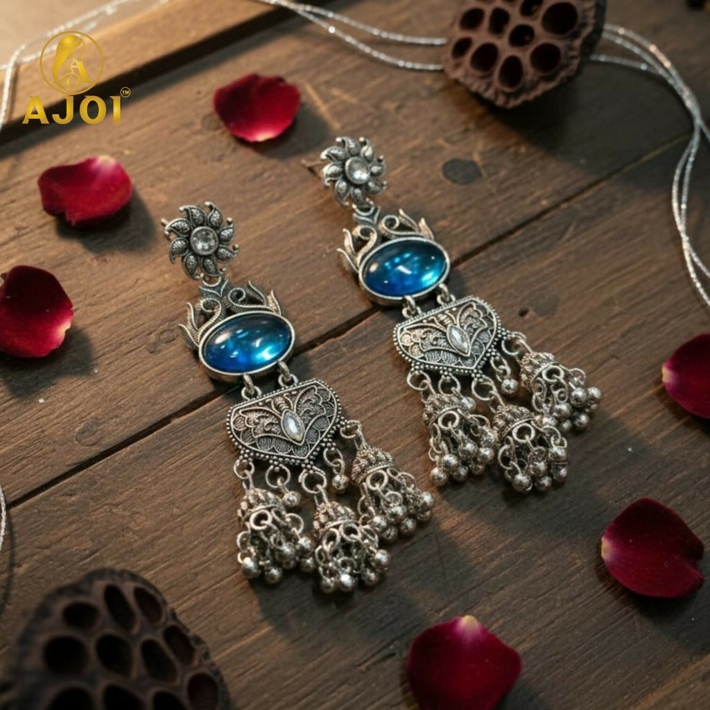 Oxidized Silver Turquoise Jhumka Earrings – Intricate Filigree Design