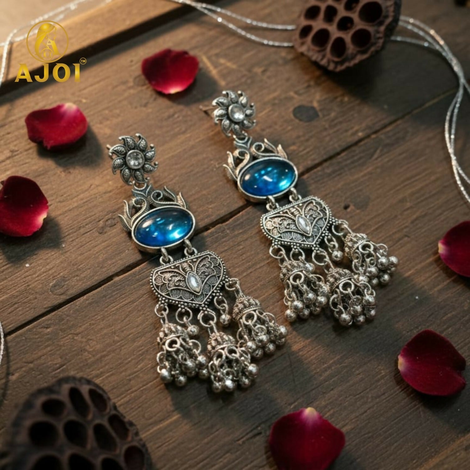 Oxidized Silver Turquoise Jhumka Earrings – Intricate Filigree Design