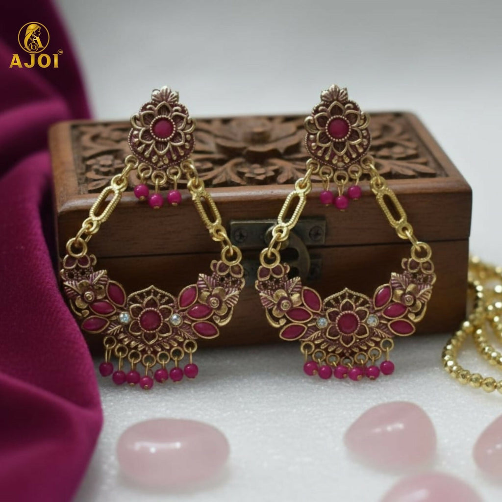 Gold-Plated Floral Chandbali Earrings with Pink Stones – Elegant Ethnic Jewelry