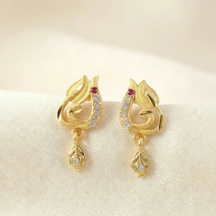 Gold Leaf Style Stud Earrings with Crystal Detailing and Drop Charm