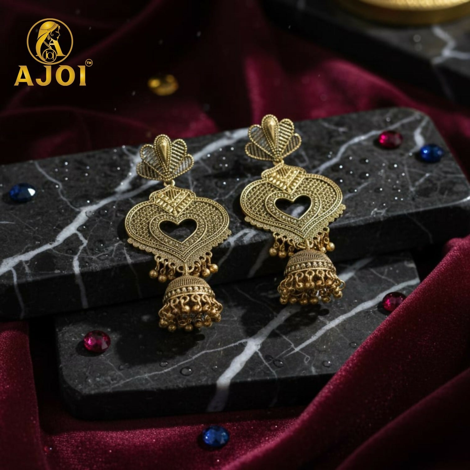 Antique Heart Jhumka Earrings – Premium Gold-Tone Elegant Design