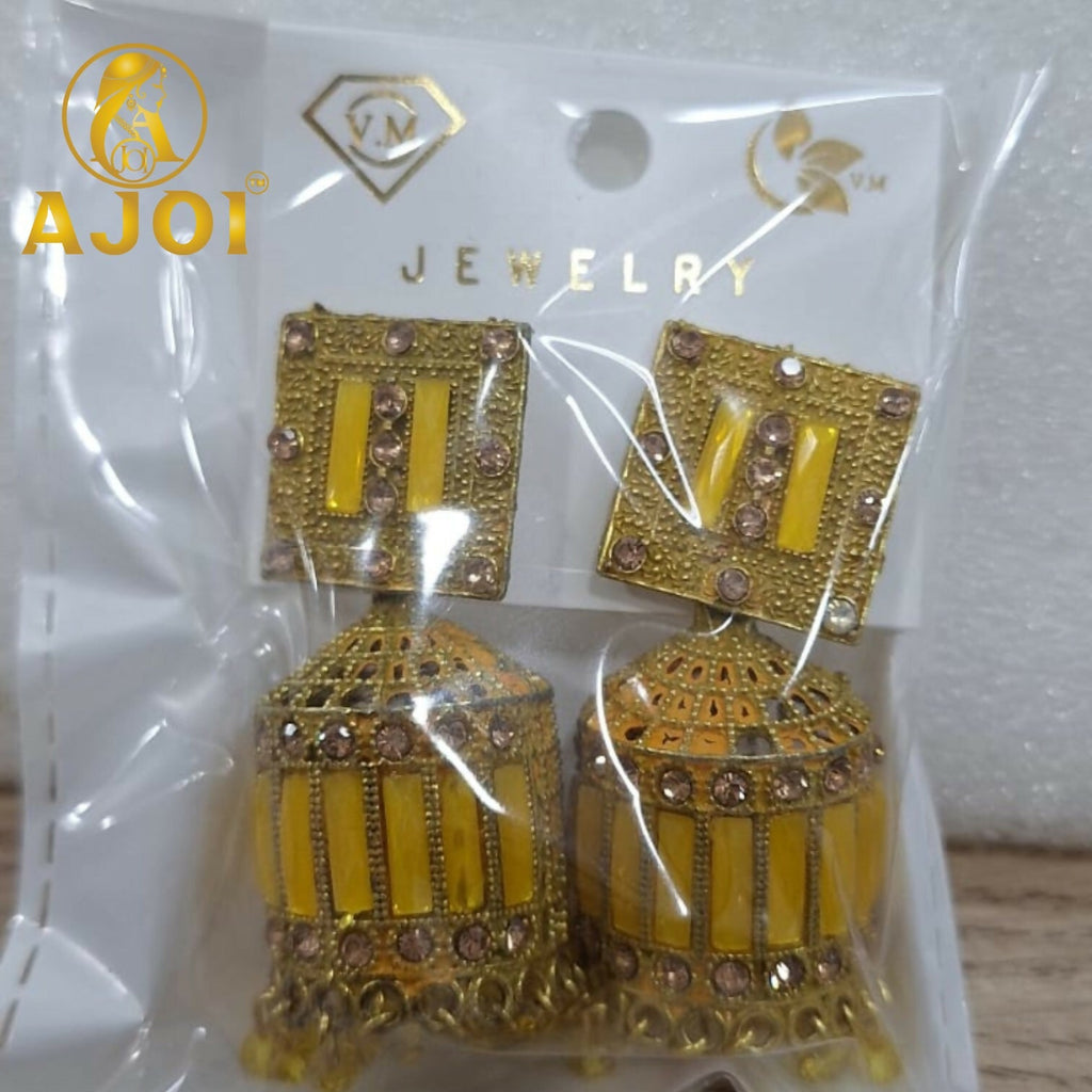 Mustard Yellow Designer Jhumka Earrings – Elegant Stone Detailing