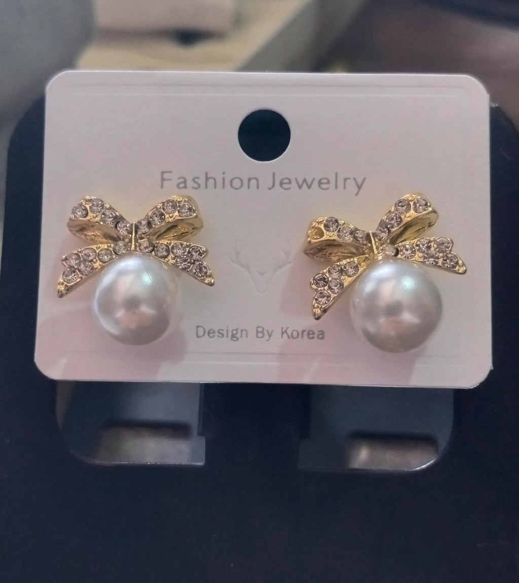 Pearl Bow Stud Earrings – Gold Plated & Elegant for Women