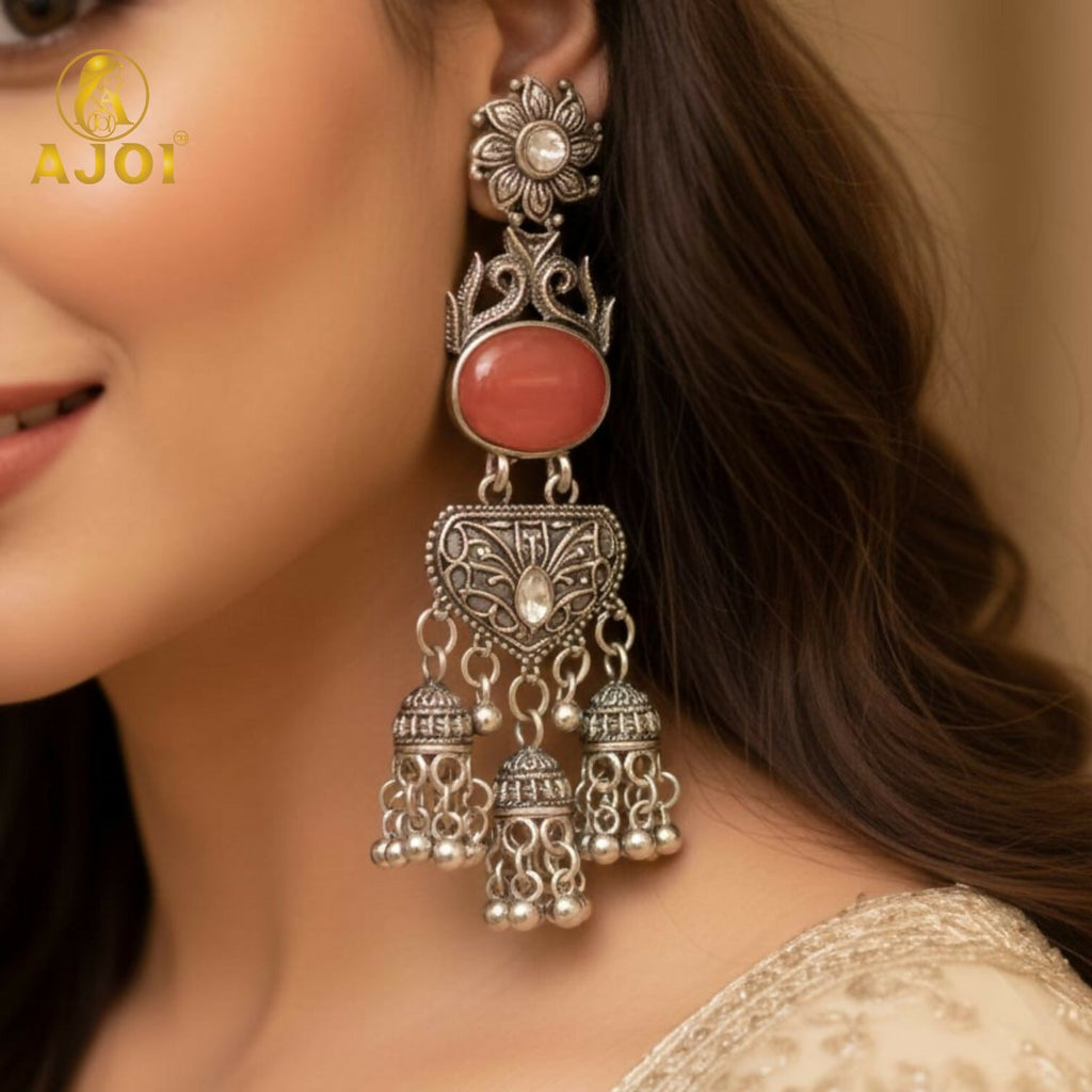 Oxidized Silver Jhumka Earrings – Red Stone & Ornate Filigree