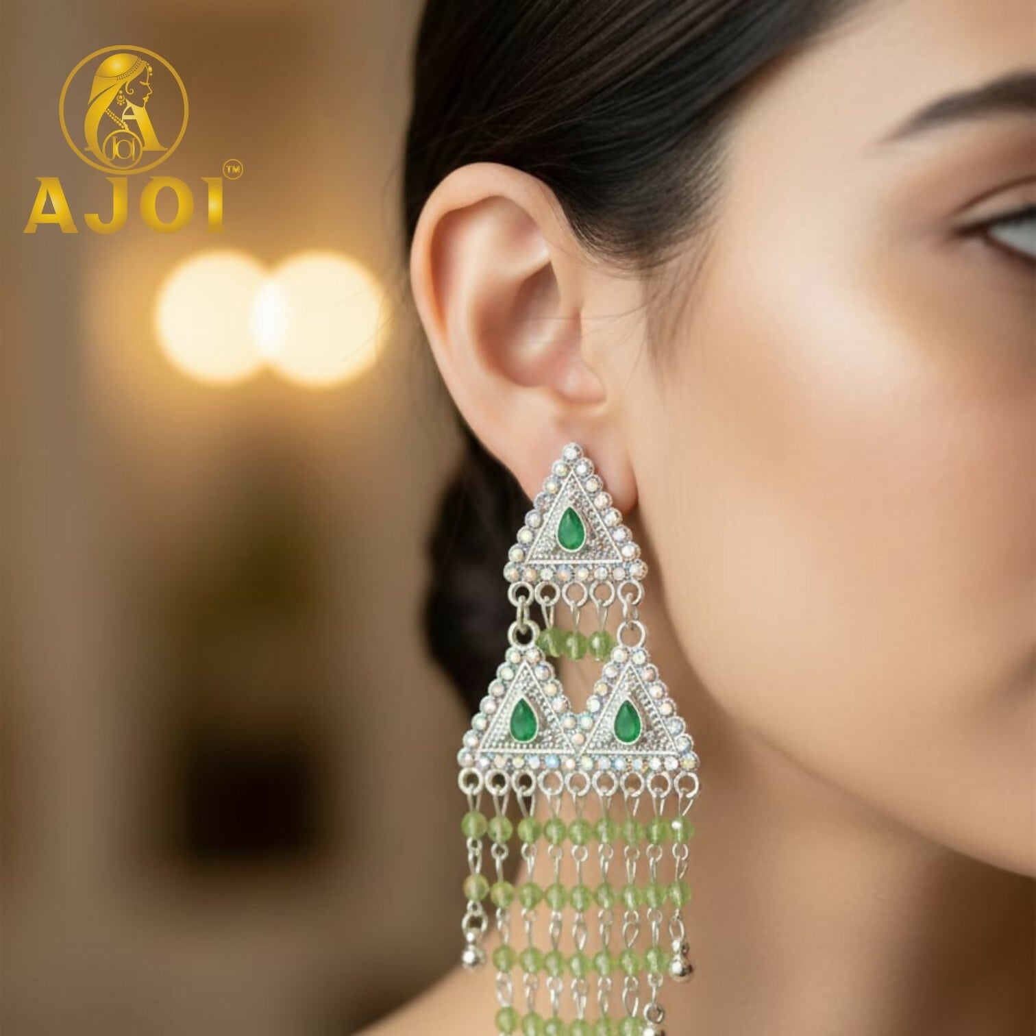 Emerald Drop Silver Statement Earrings – Elegant Beaded Tassels