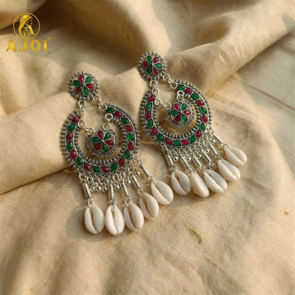 Antique Silver Chandbali Earrings – Floral Meenakari & Cowrie Shells