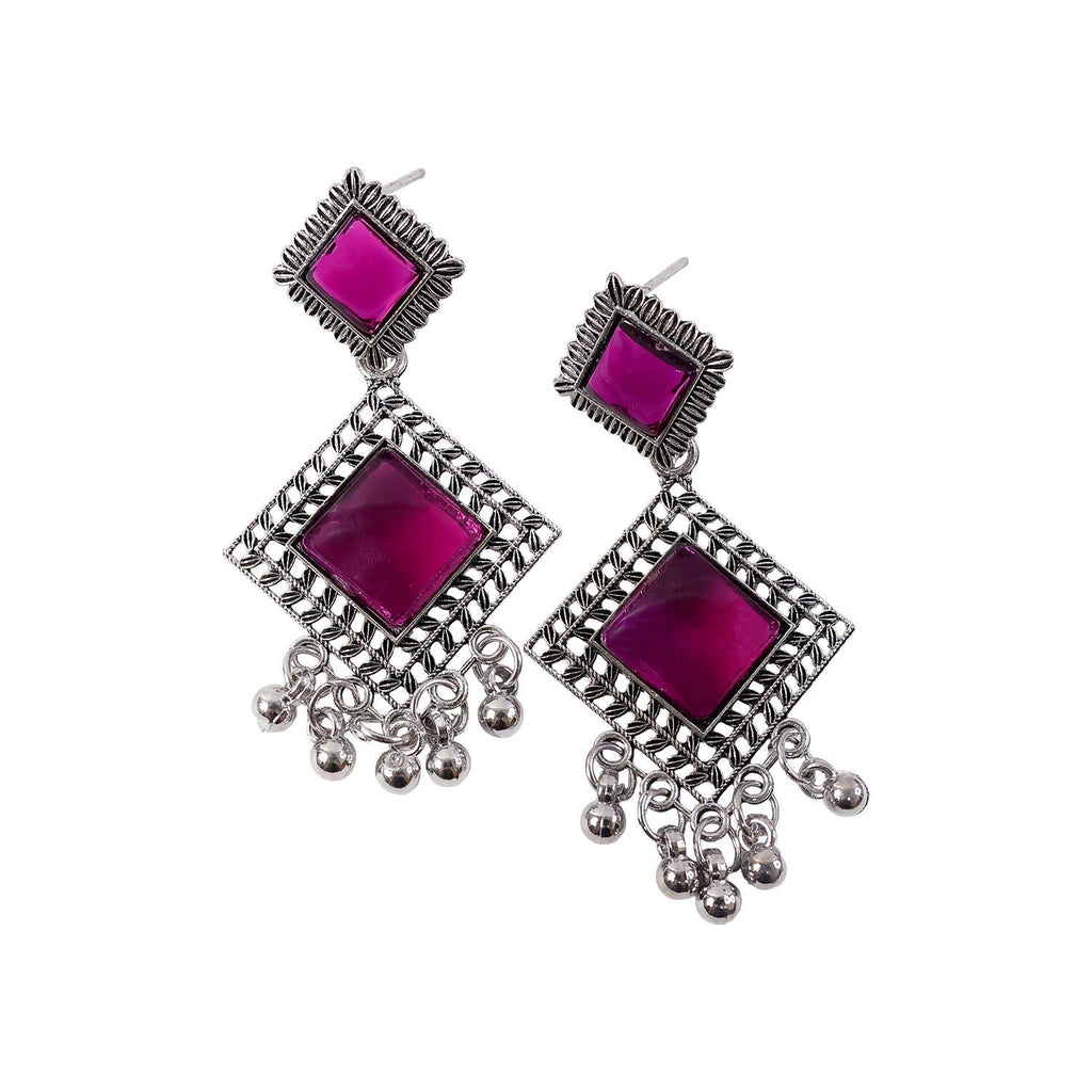 Oxidised Indian Dangler Earrings – Red Square Monalisa Stones