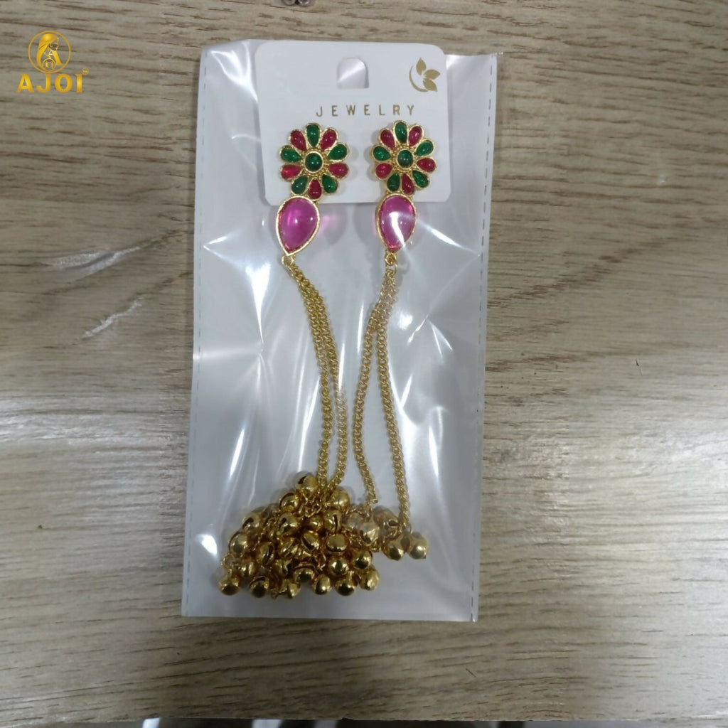 Kashmiri Gold Plated Long Chain Drop Earrings – Elegant Red & Green Stones