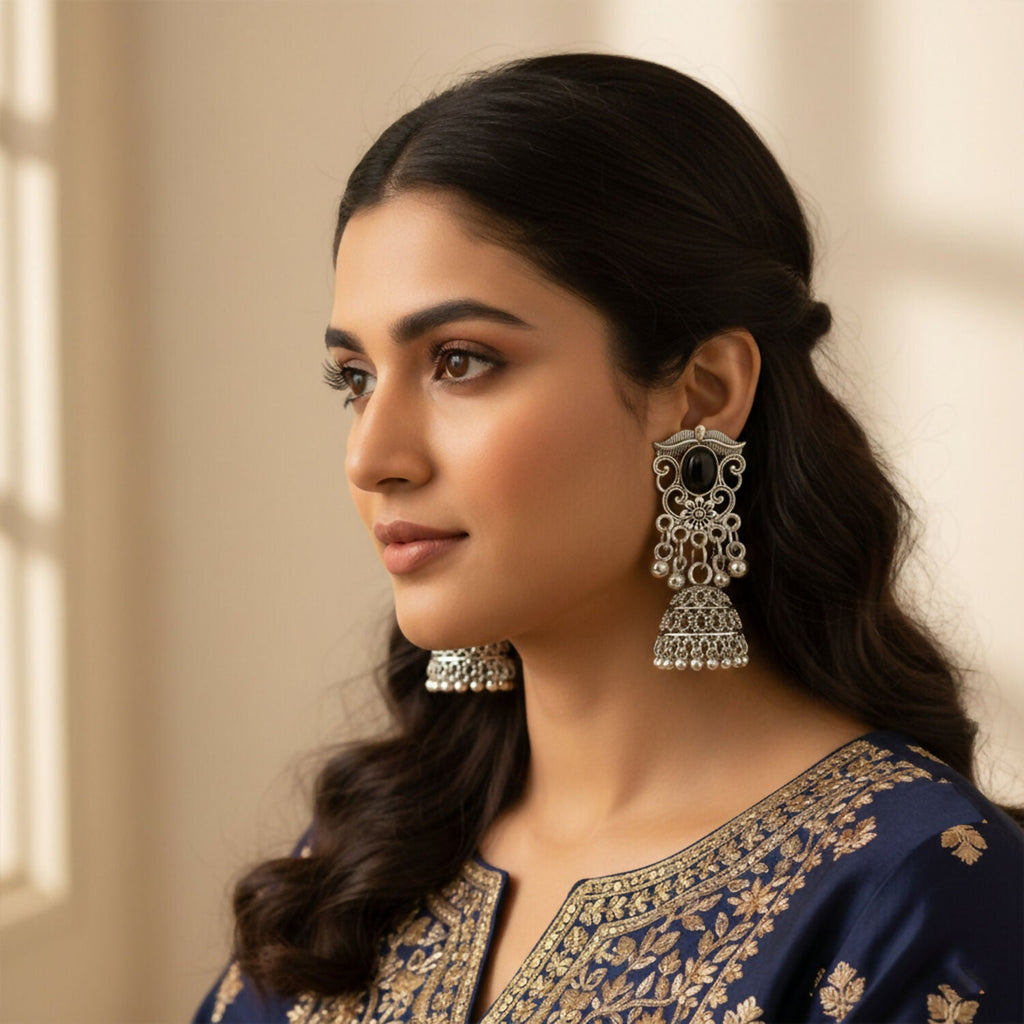 German Silver Jhumka Earrings – Elegant Black Monalisa Stones