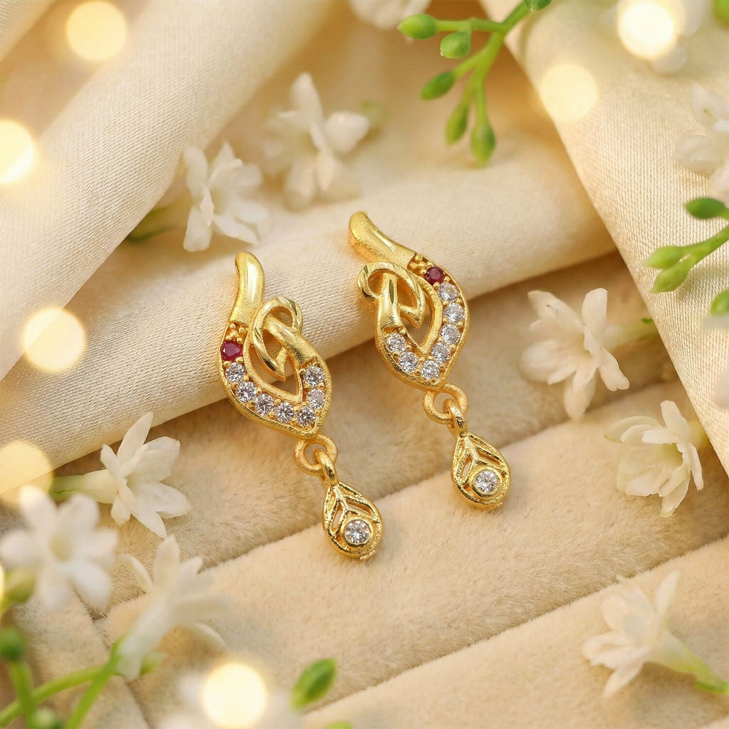 Gold Leaf Drop Earrings – Elegant Stone-Studded Design