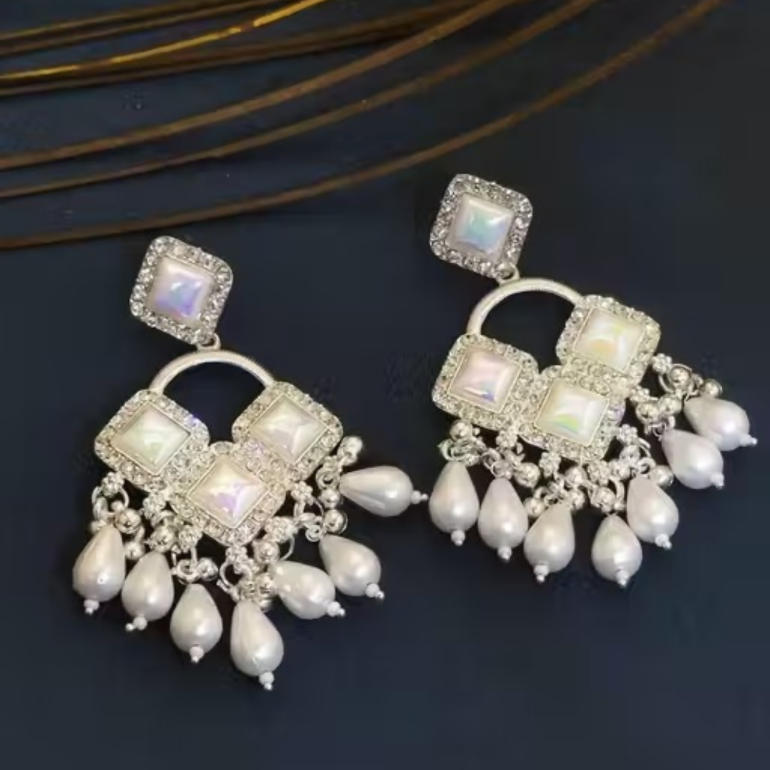Silver Plated Chandelier Earrings – Elegant Square Crystals & Teardrop Beads