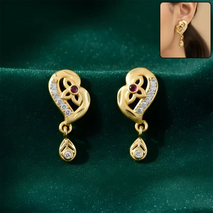 Gold Stud Earrings with Leaf Pattern and Embedded Stones