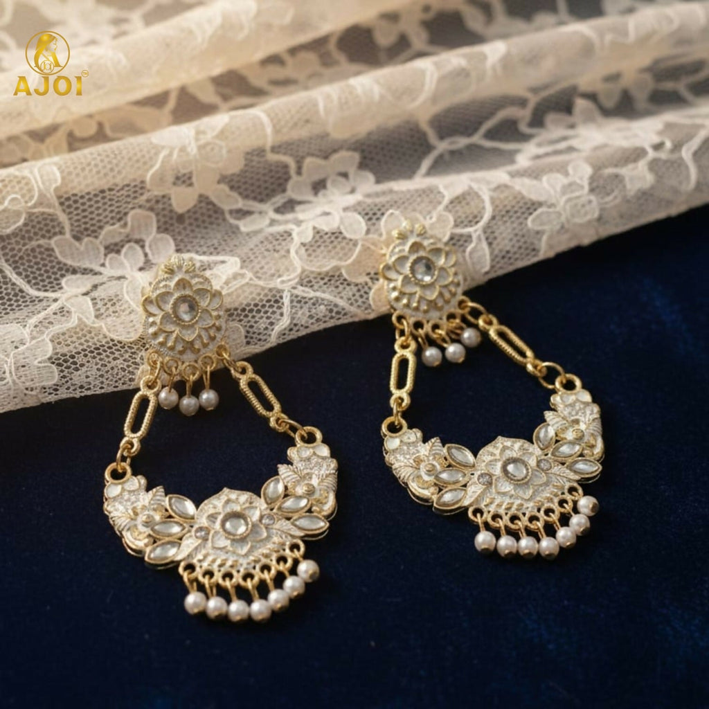 Chandbali Earrings – Antique Gold with White Stones & Pearls