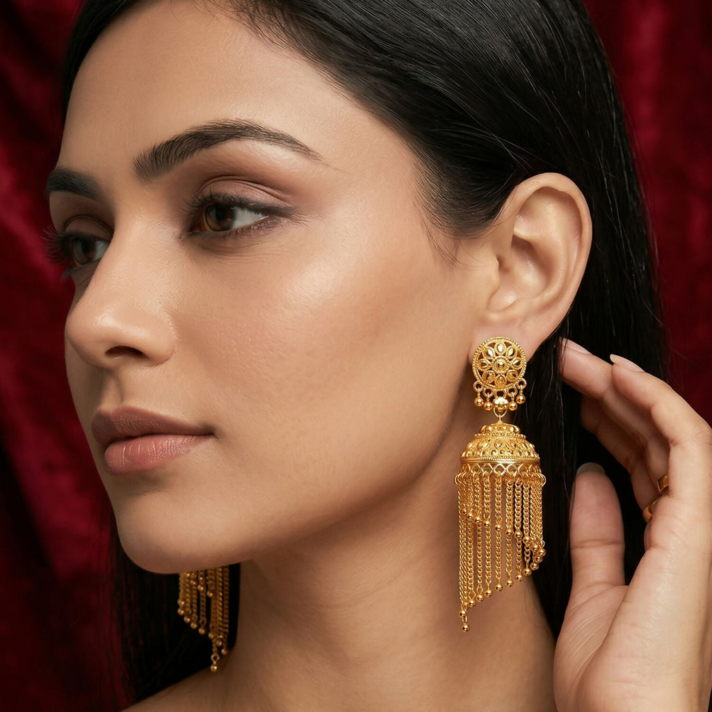 Golden Long Tassel Jhumka Earrings – Traditional Festive Charm