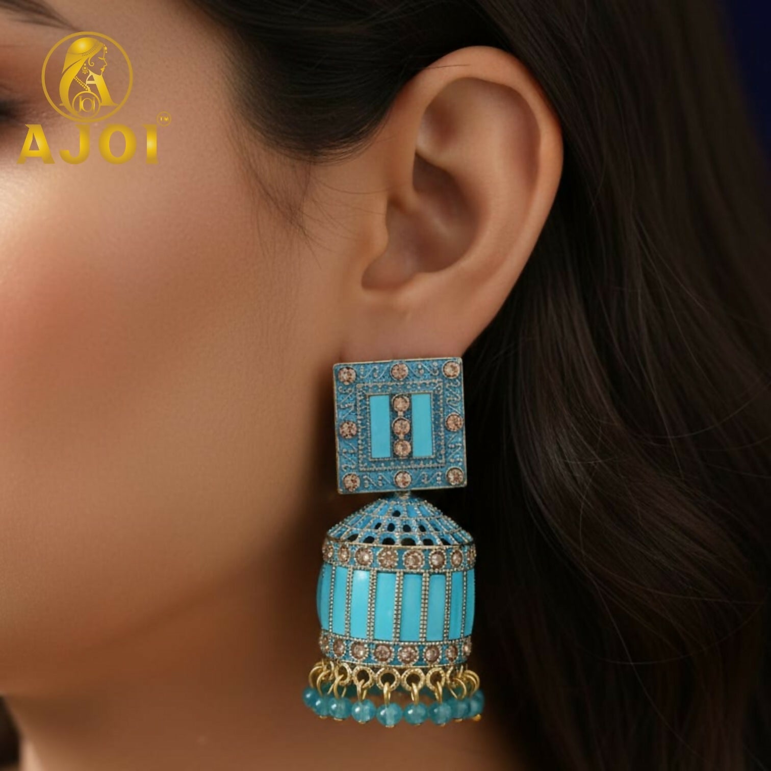 Turquoise Blue Designer Earrings – Elegant Gold Drop & Stone Accents
