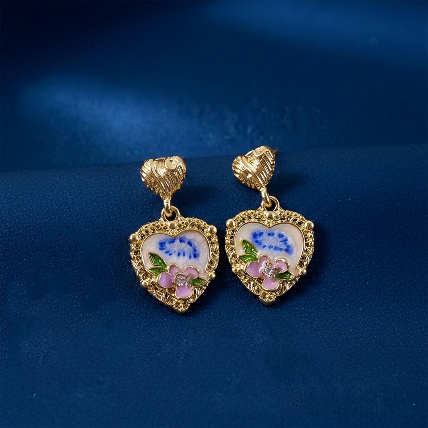 Korean Heart Floral Drop Earrings – Gold Plated Pearl & Crystal