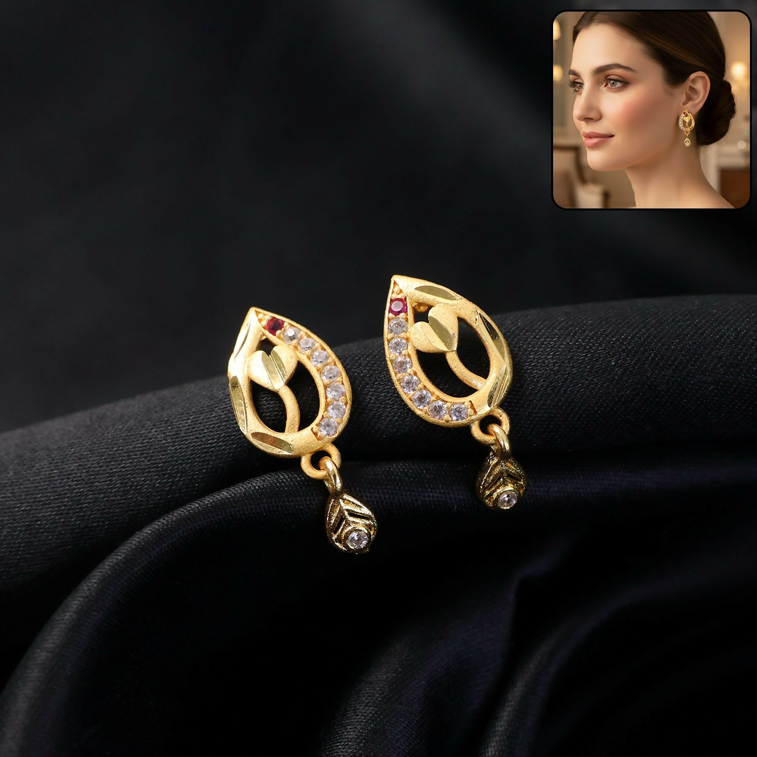 Teardrop Leaf Gold-Plated Ruby Earrings – Elegant Daily Wear