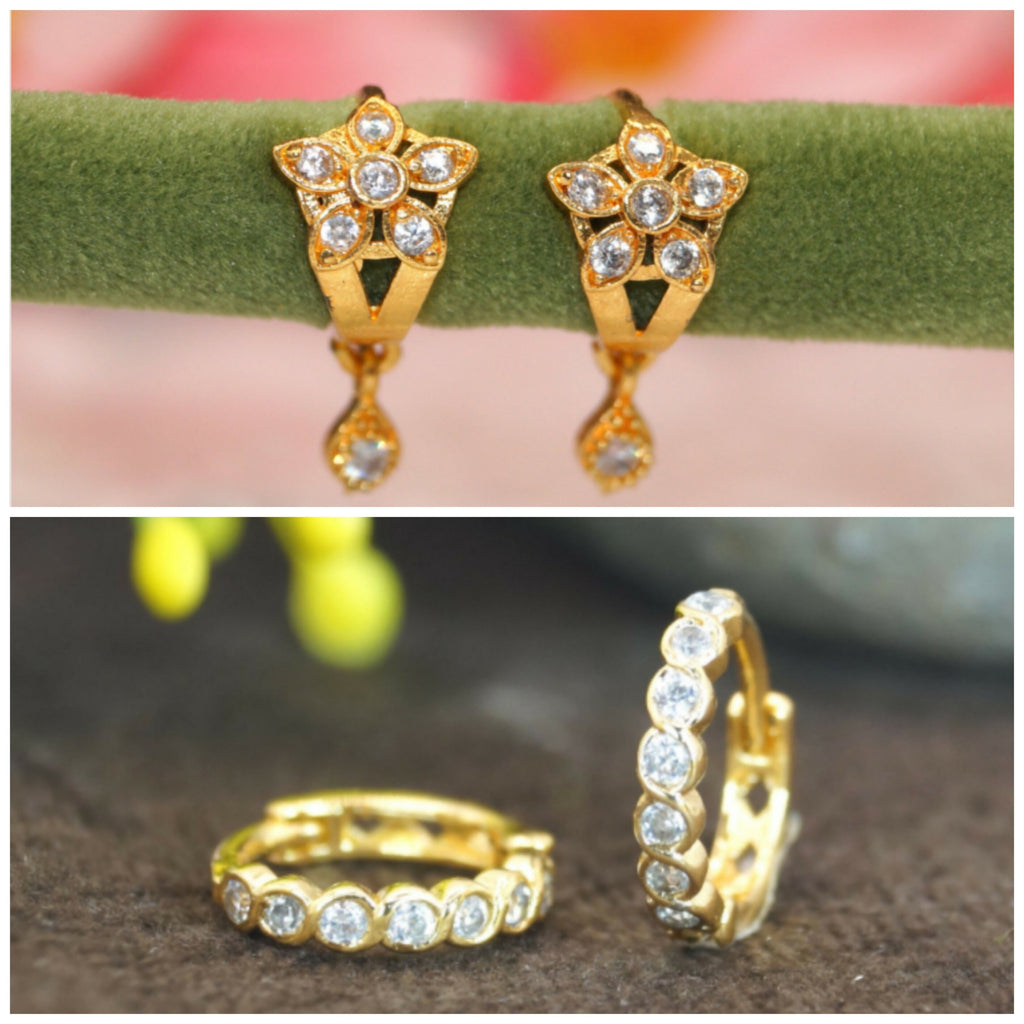 Gold Plated Flower Drop Huggie Earrings – Elegant Combo Pack