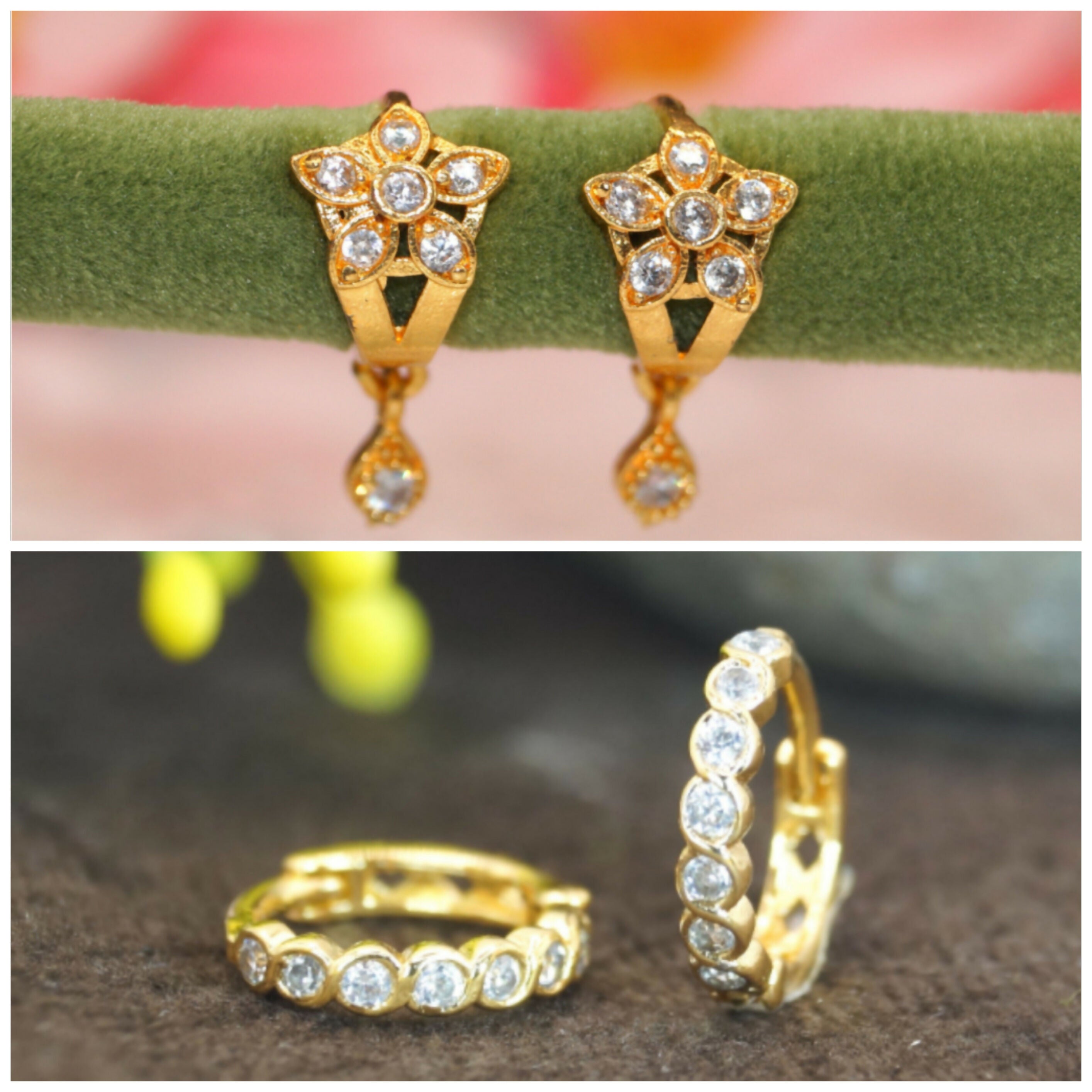 Gold Plated Flower Drop Huggie Earrings – Elegant Combo Pack