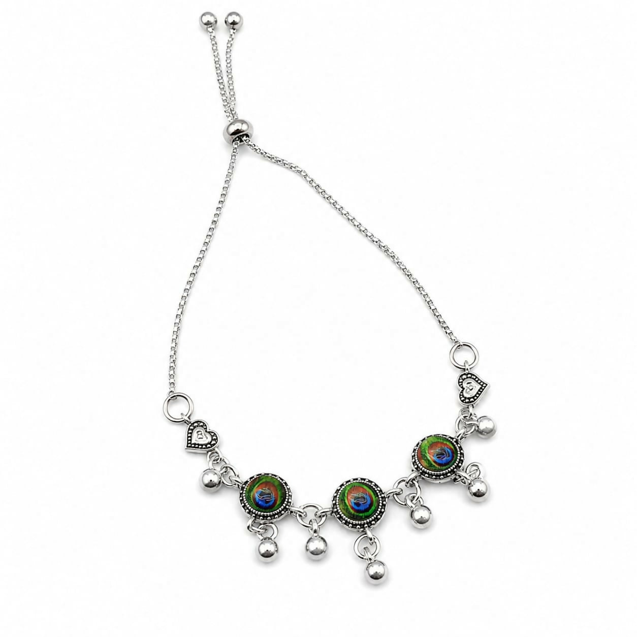Antique Silver Peacock Feather Charm Bracelet | Adjustable Slider Chain Boho Jewelry