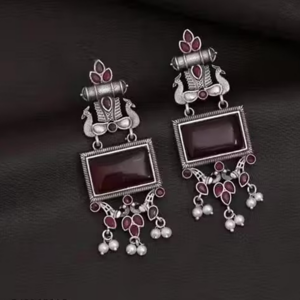 Oxidized Silver Earrings – Traditional Maroon Stone Pearl Drops