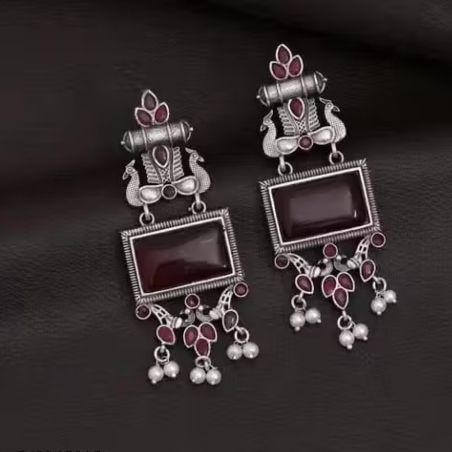 Oxidized Silver Earrings – Traditional Maroon Stone Pearl Drops